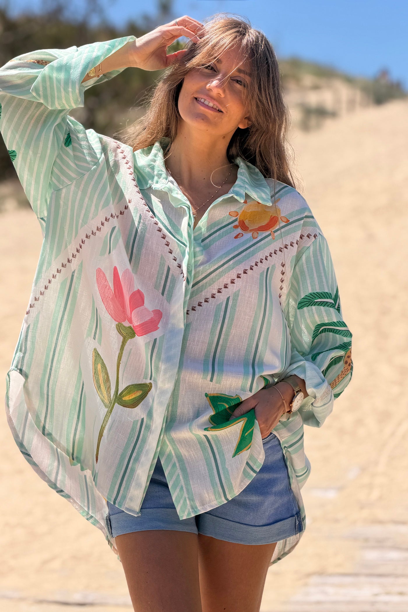 Sage Stripe Palm Dreams Button-Down Blouse