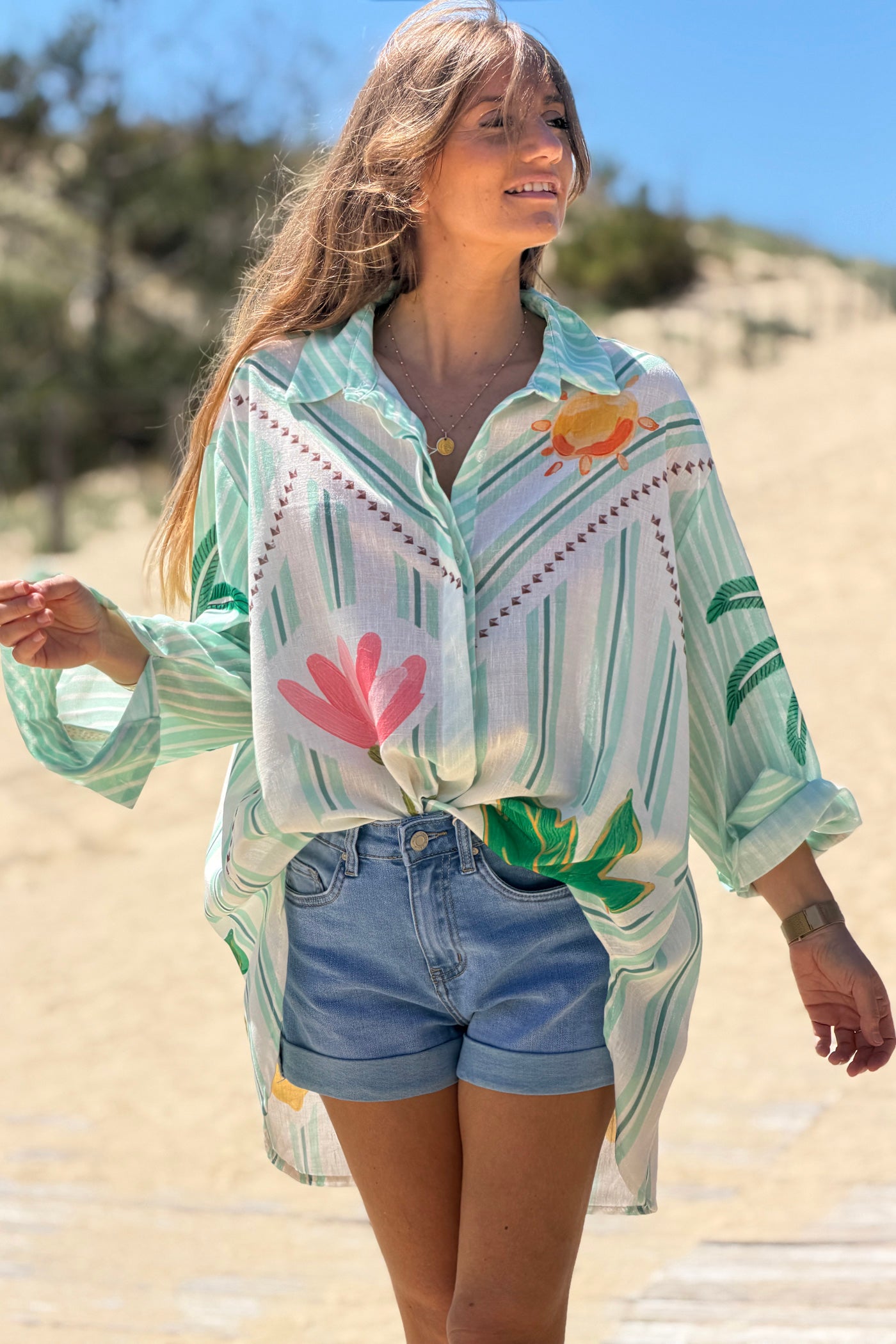 Sage Stripe Palm Dreams Button-Down Blouse