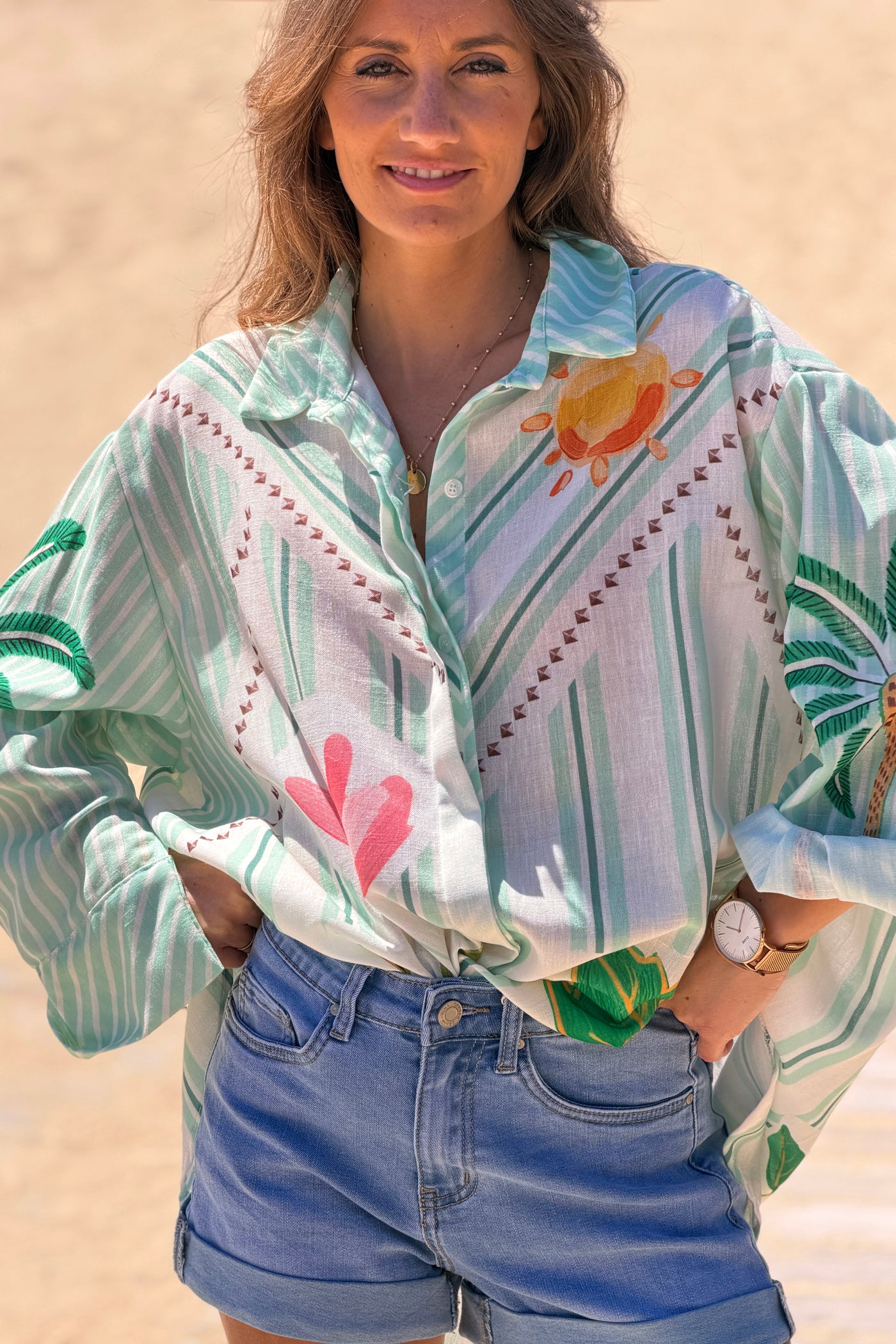 Sage Stripe Palm Dreams Button-Down Blouse