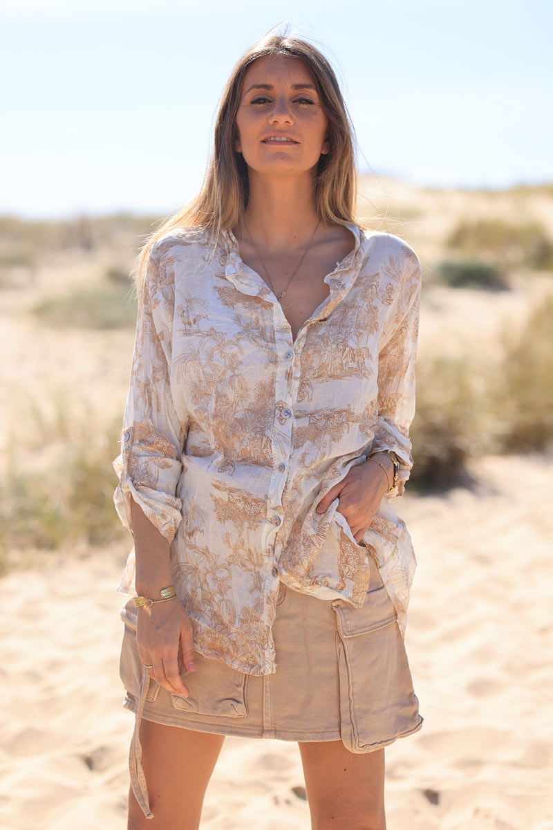 Semi-sheer Cotton Shirt with Beige Toile de Jouy Print