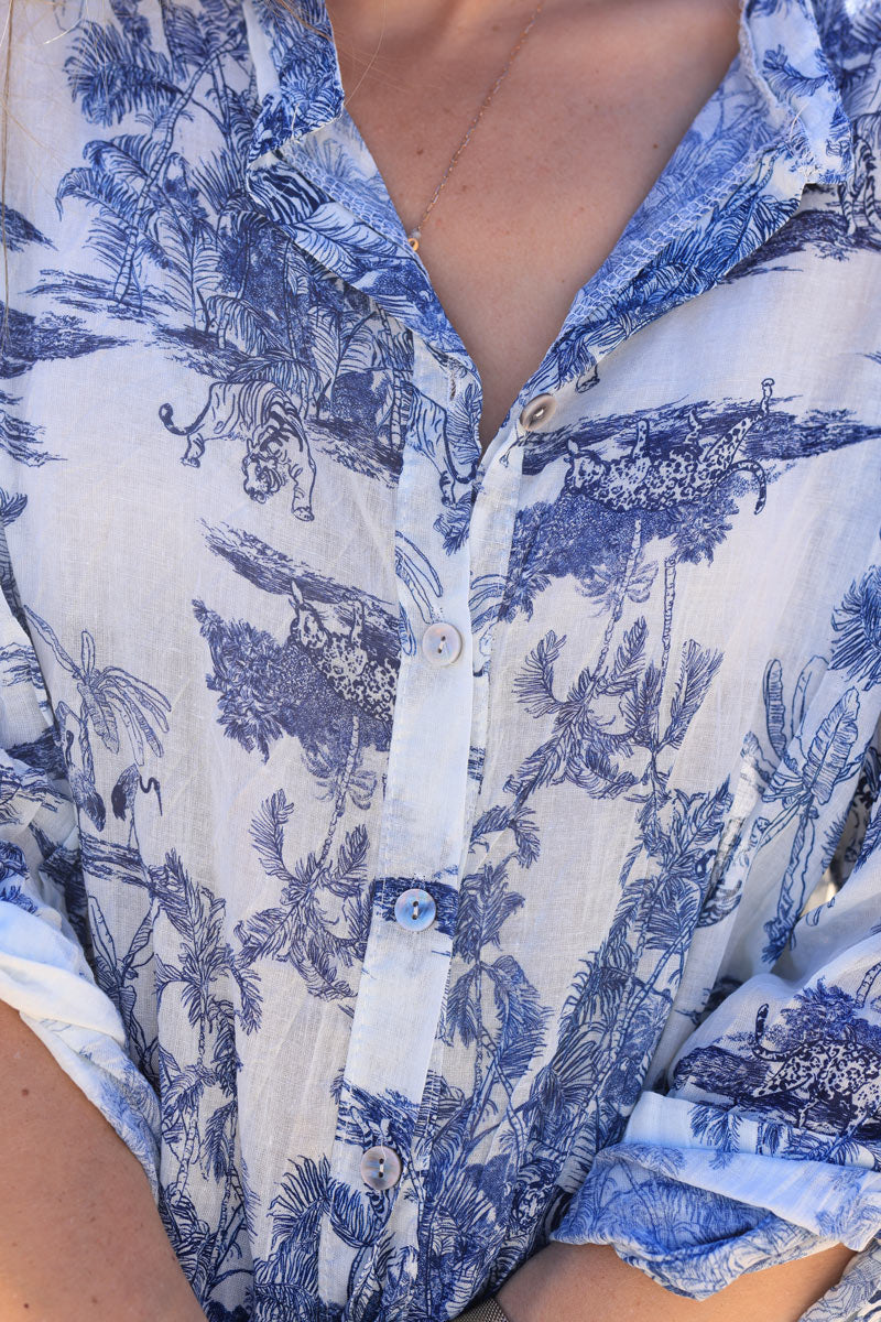 Semi-sheer Cotton Shirt with Navy Blue Toile de Jouy Print