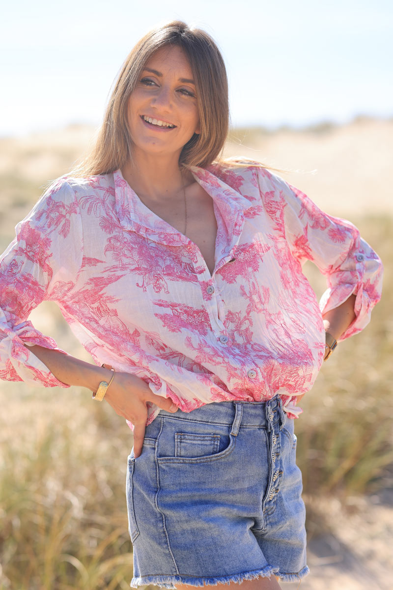 Camisa ligera de voile de algodón con estampado toile de jouy fucsia