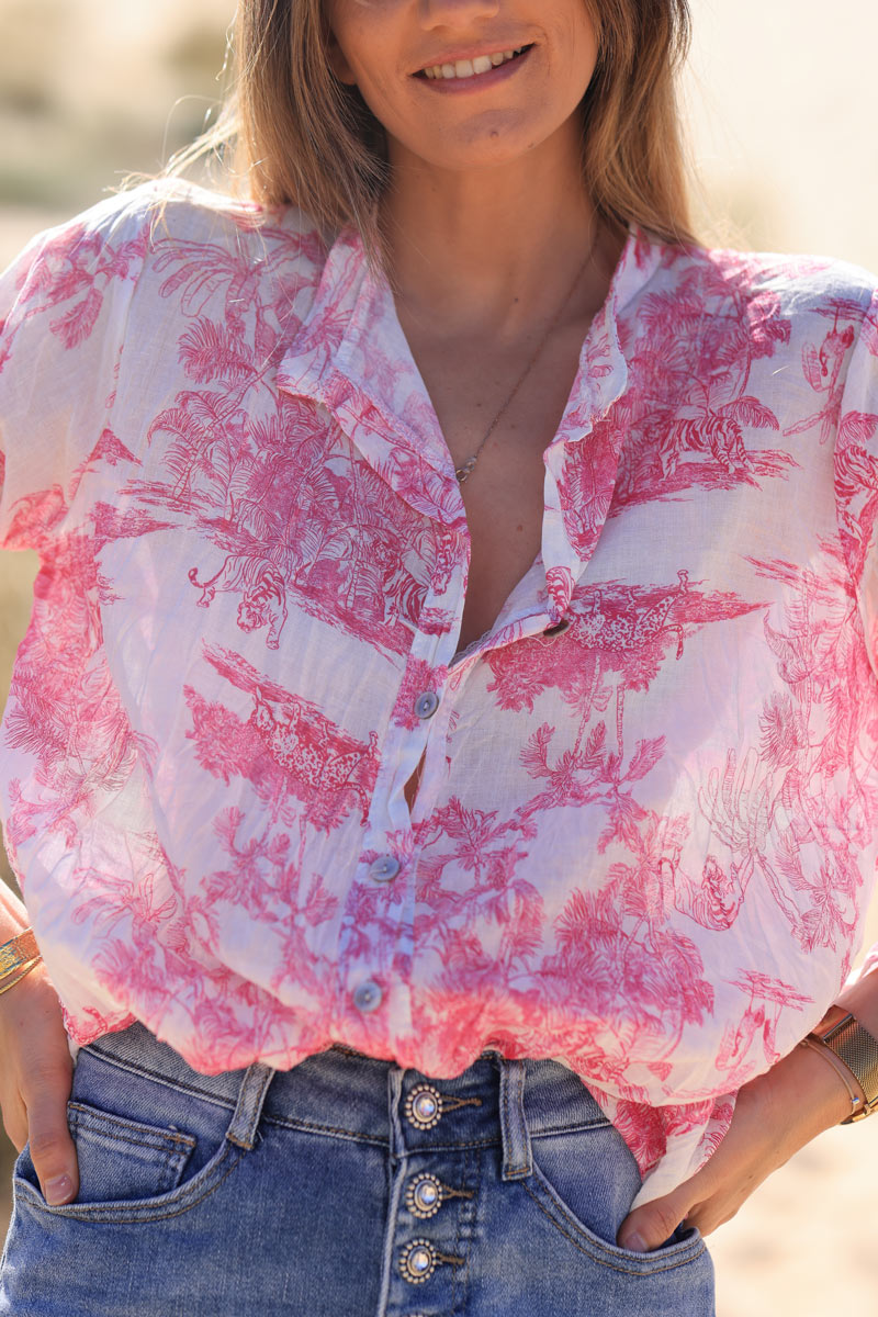 Camisa ligera de voile de algodón con estampado toile de jouy fucsia