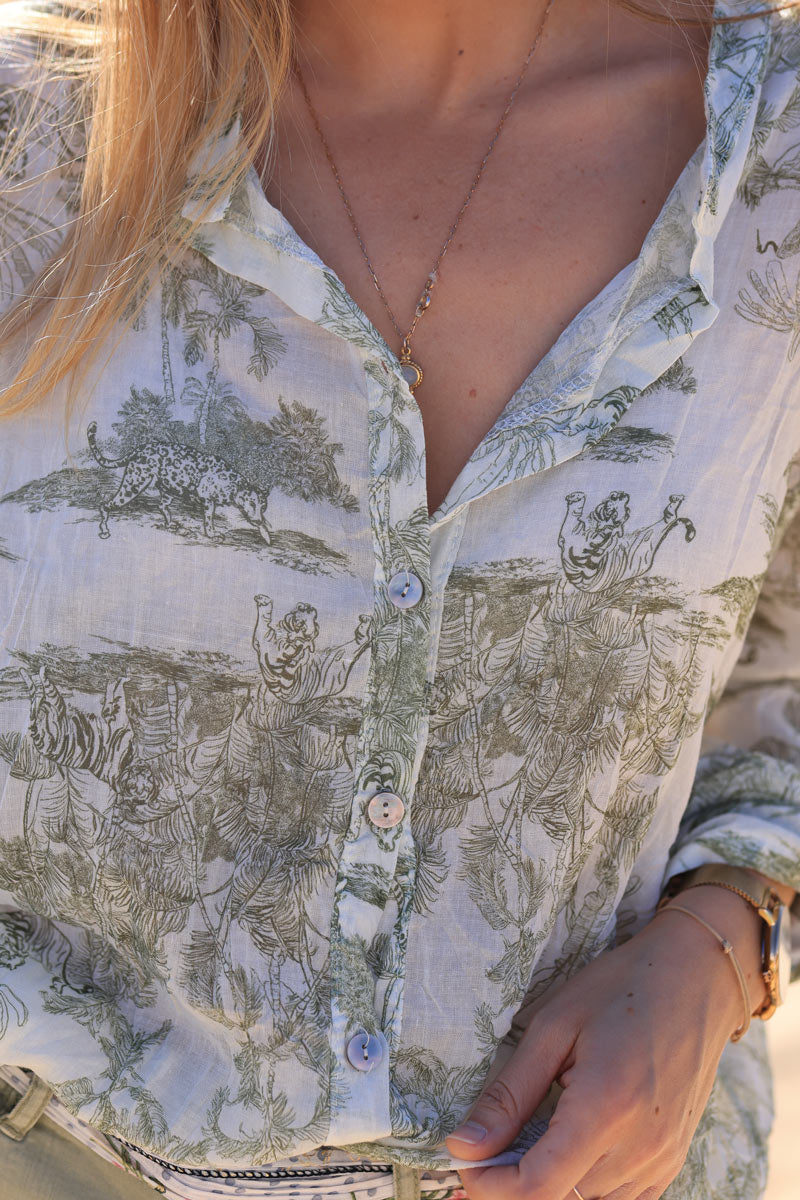 Chemise légère en voile de coton imprimé toile de jouy kaki