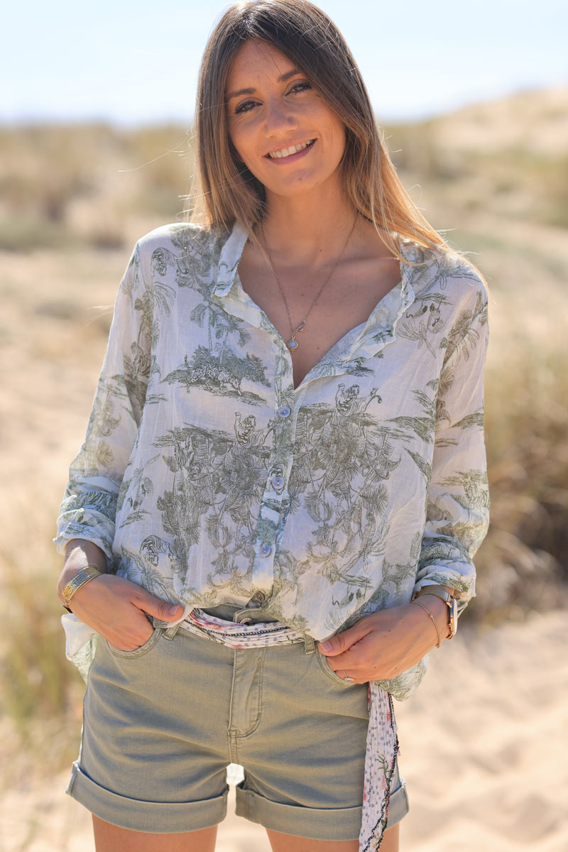 Chemise légère en voile de coton imprimé toile de jouy kaki