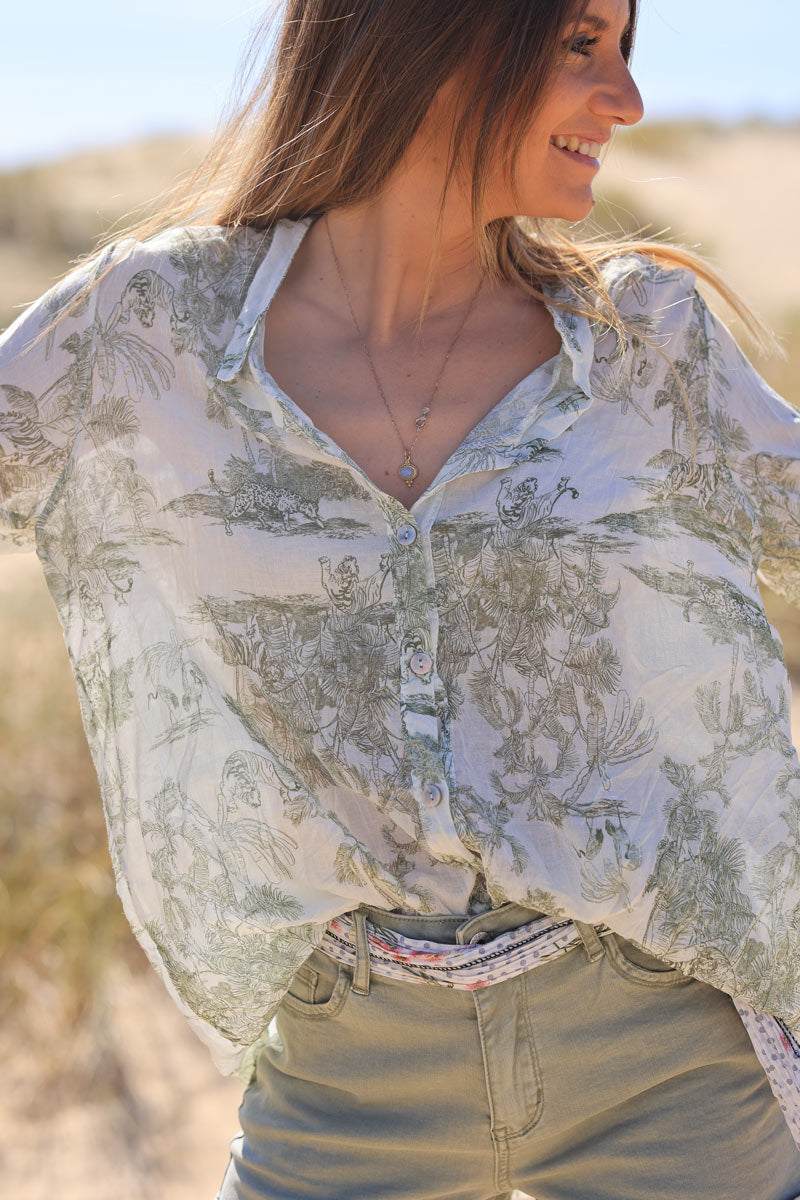 Chemise légère en voile de coton imprimé toile de jouy kaki