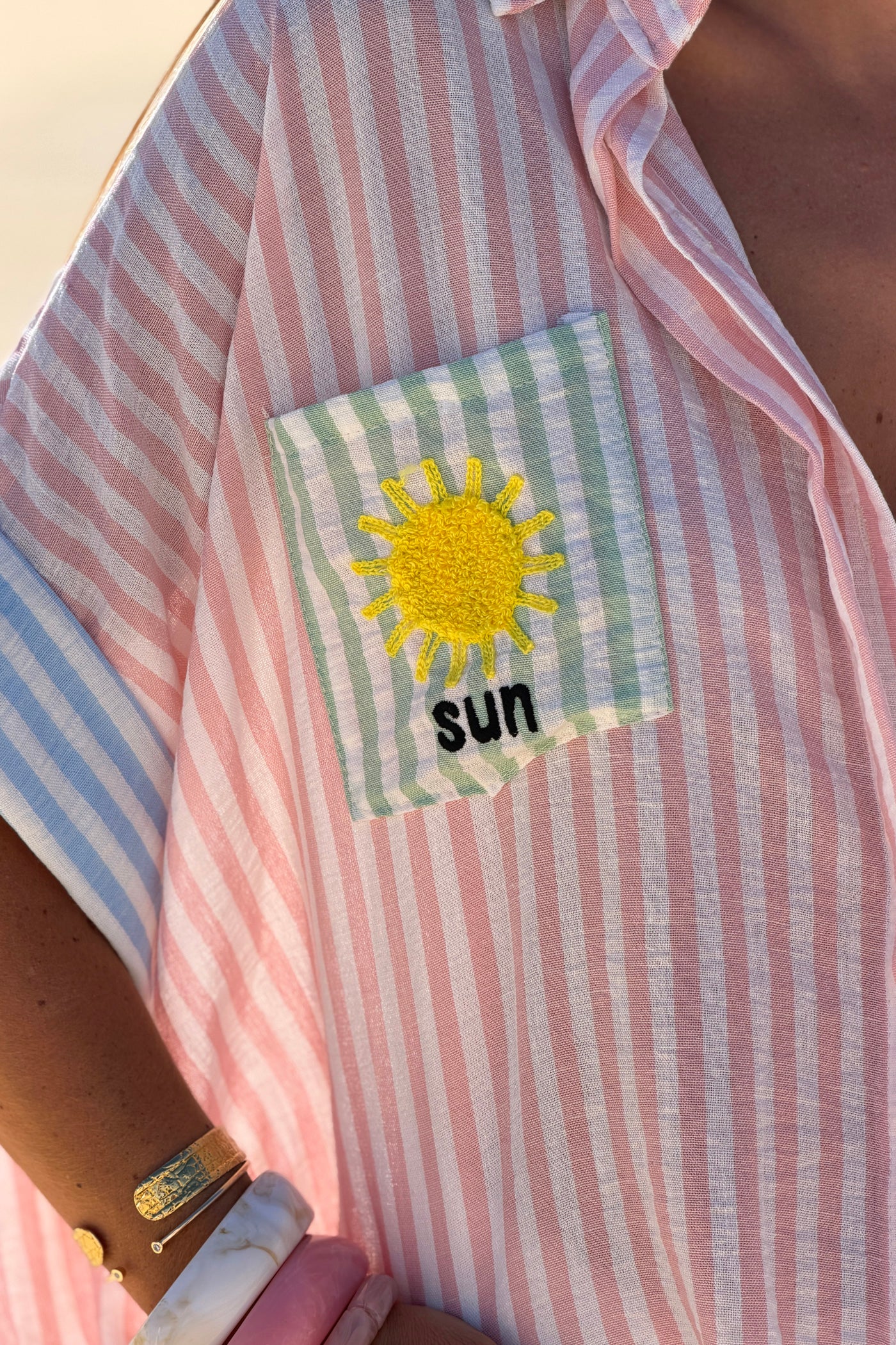 Pink Pastel Pinstripe Embroidered Pocket Blouse