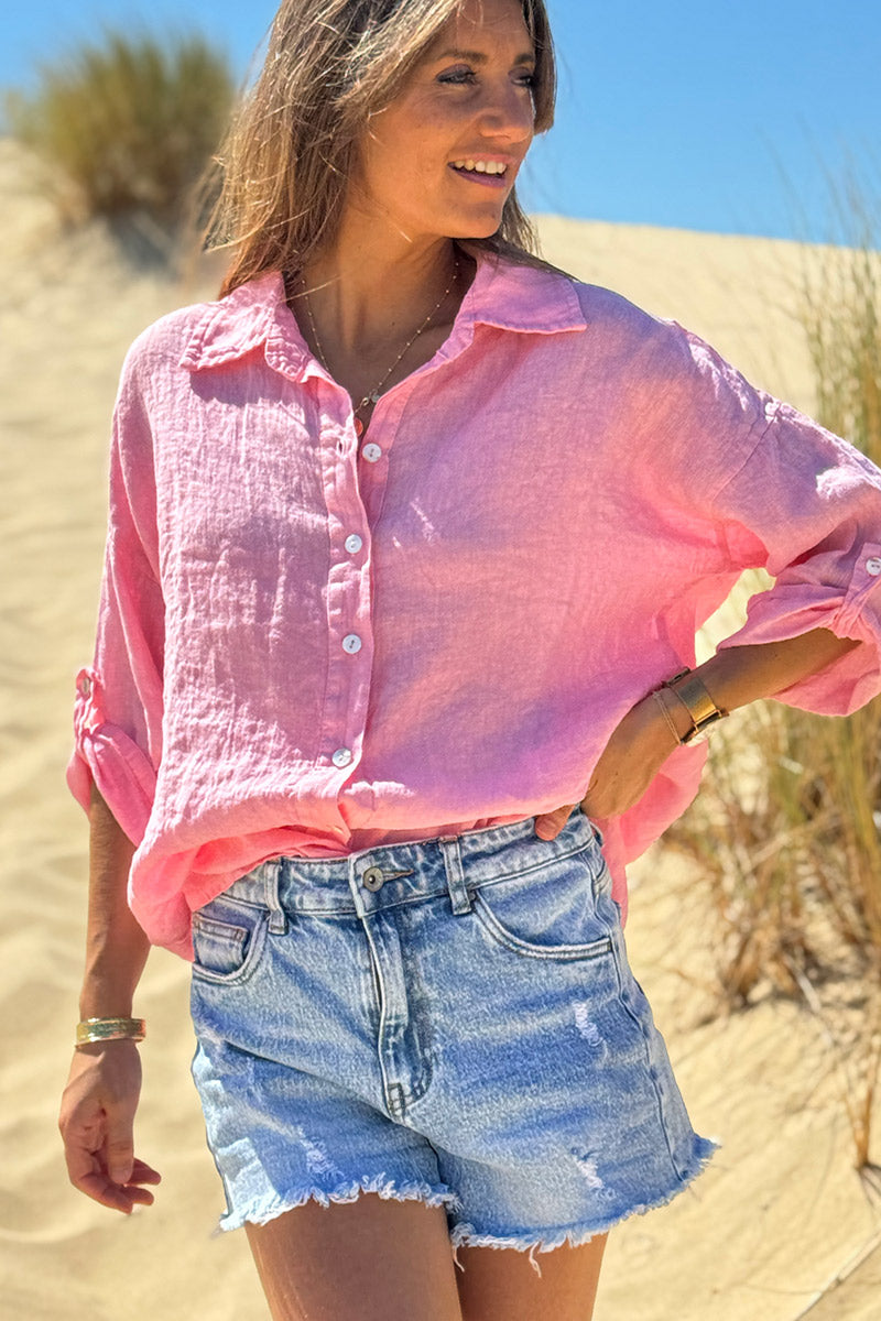 Pink Roll-Cuff Button-Down Blouse