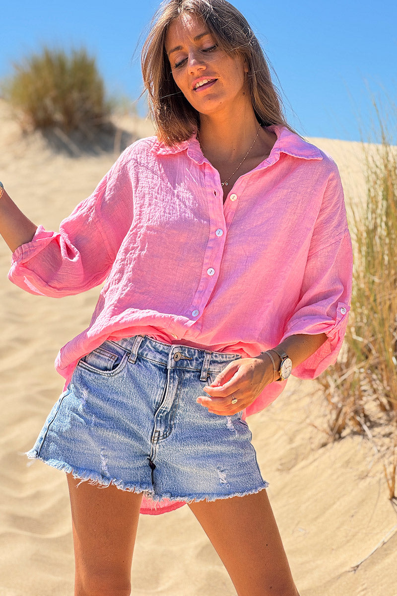 Pink Roll-Cuff Button-Down Blouse