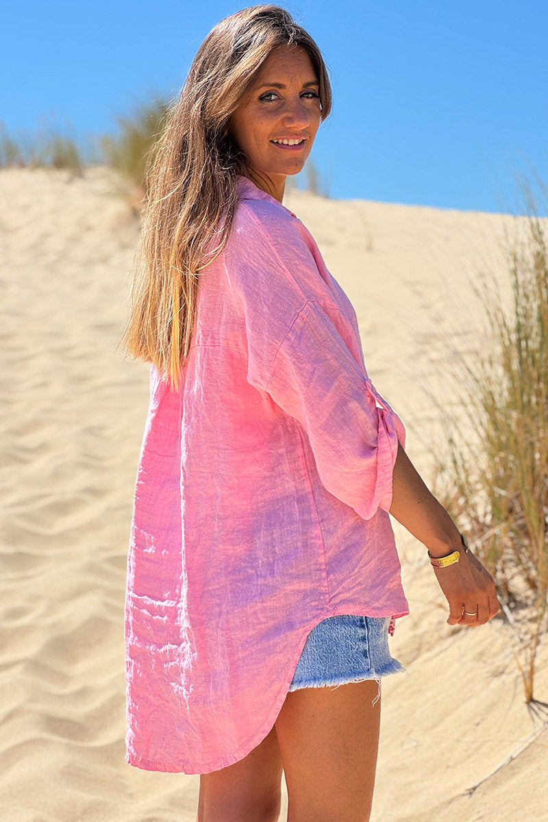 Pink Roll-Cuff Button-Down Blouse