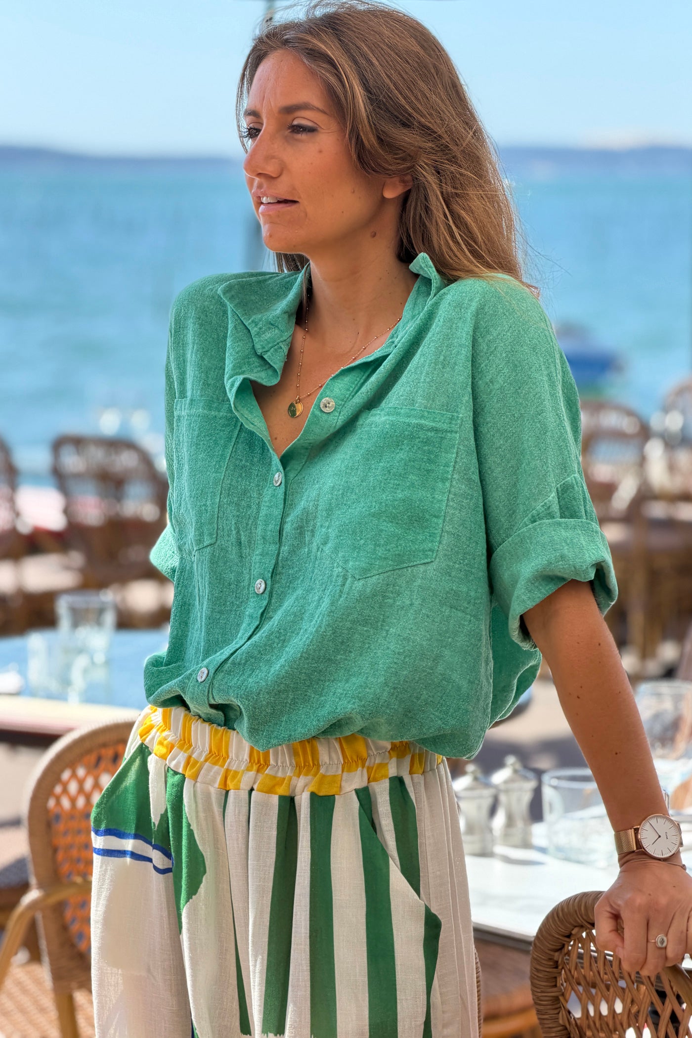 Green Soft Cotton Blouse with 3/4 sleeves and large Pockets