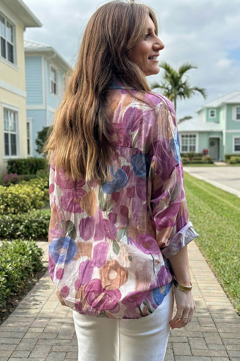 Purple Spring Floral Cotton Button-Down Blouse