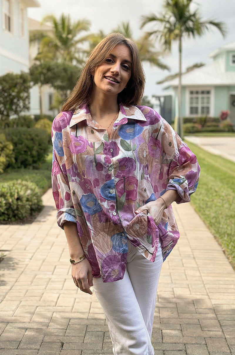 Chemise voile de coton imprime fleurs peinture aquarelle tons violets