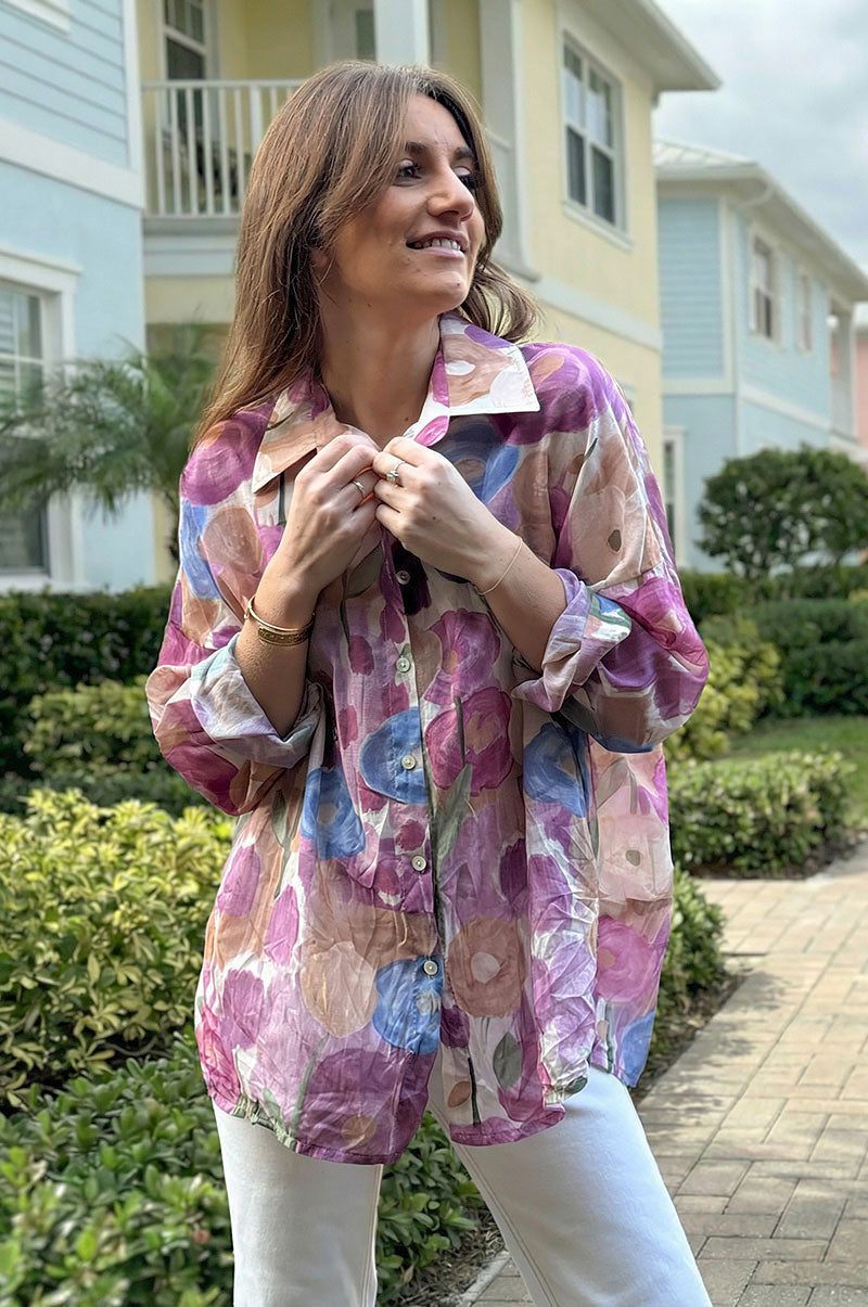 Purple Spring Floral Cotton Button-Down Blouse