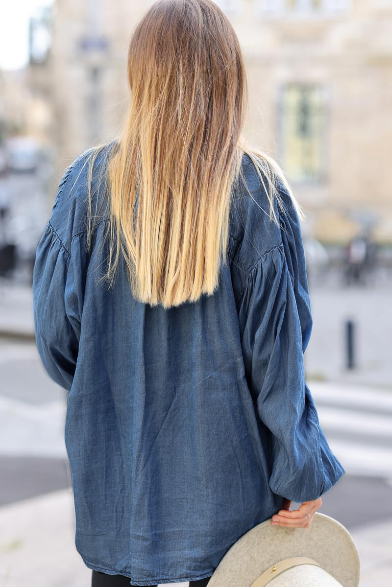 Oversized denim effect shirt with frill collar and button seam