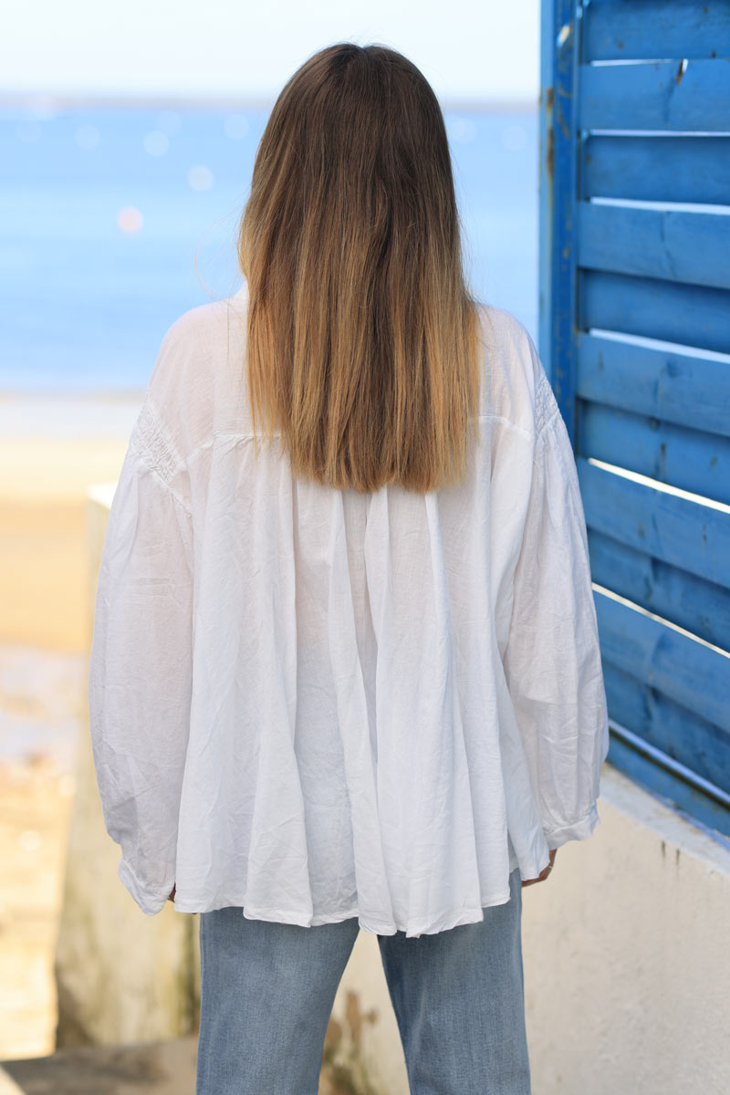 White semi sheer flare cotton shirt with smock panel on the chest