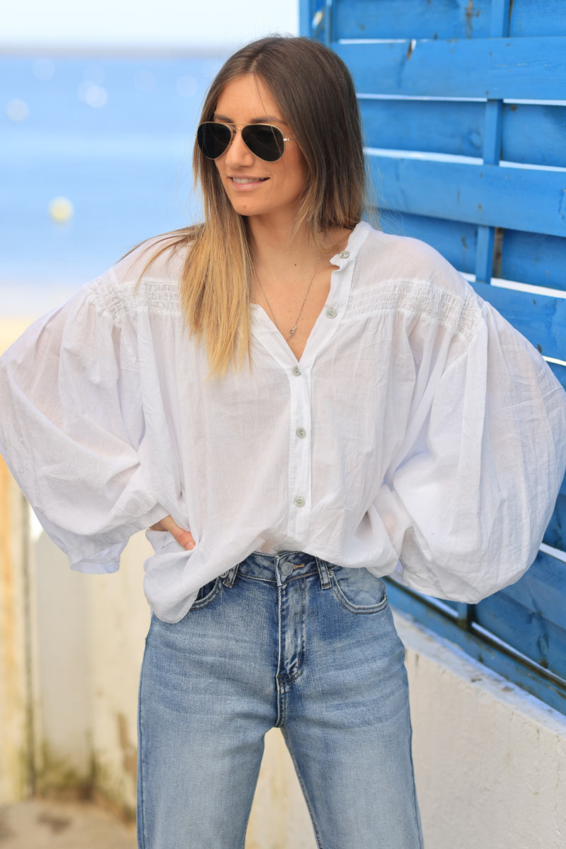 White semi sheer flare cotton shirt with smock panel on the chest