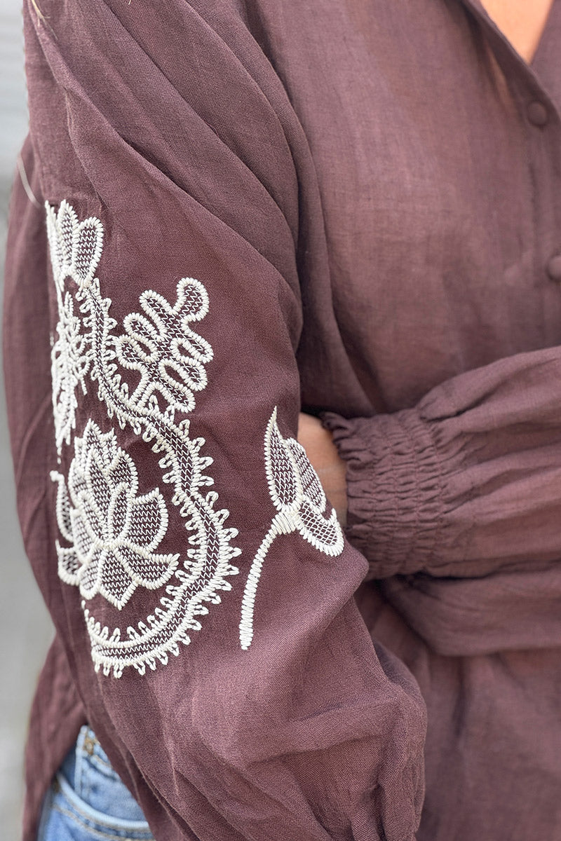 Brown chocolate Embroidered Gauze Peasant Blouse