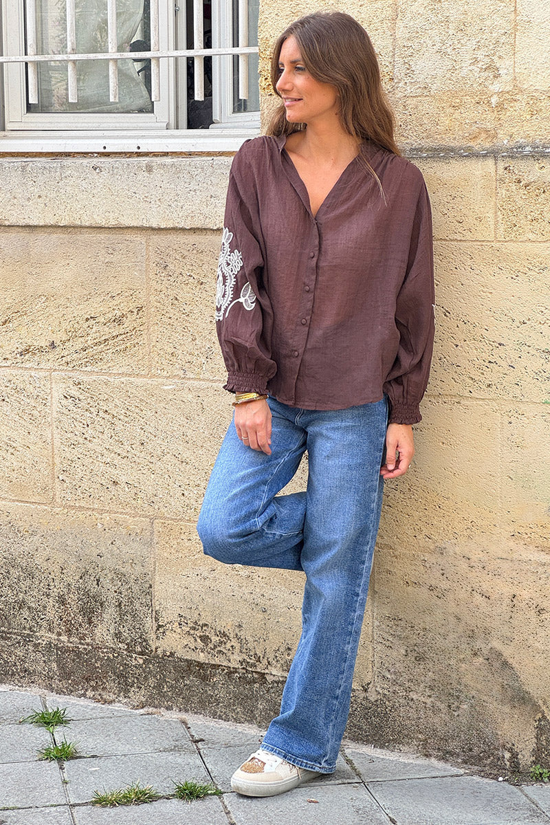 Brown chocolate Embroidered Gauze Peasant Blouse