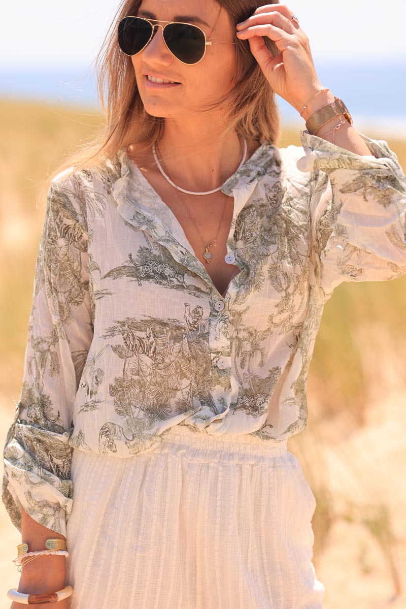 Chemise légère en voile de coton imprimé toile de jouy kaki