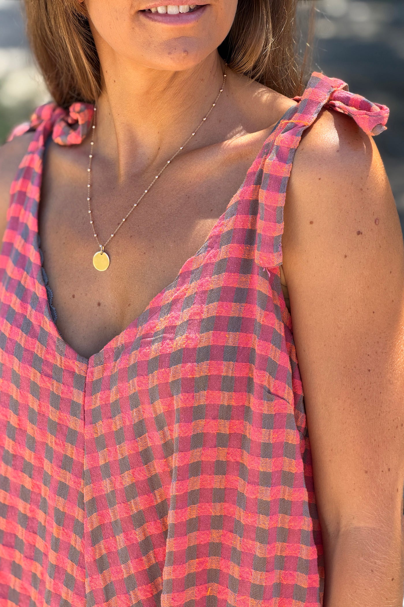Pink Crinkle Gauze Plaid Romper