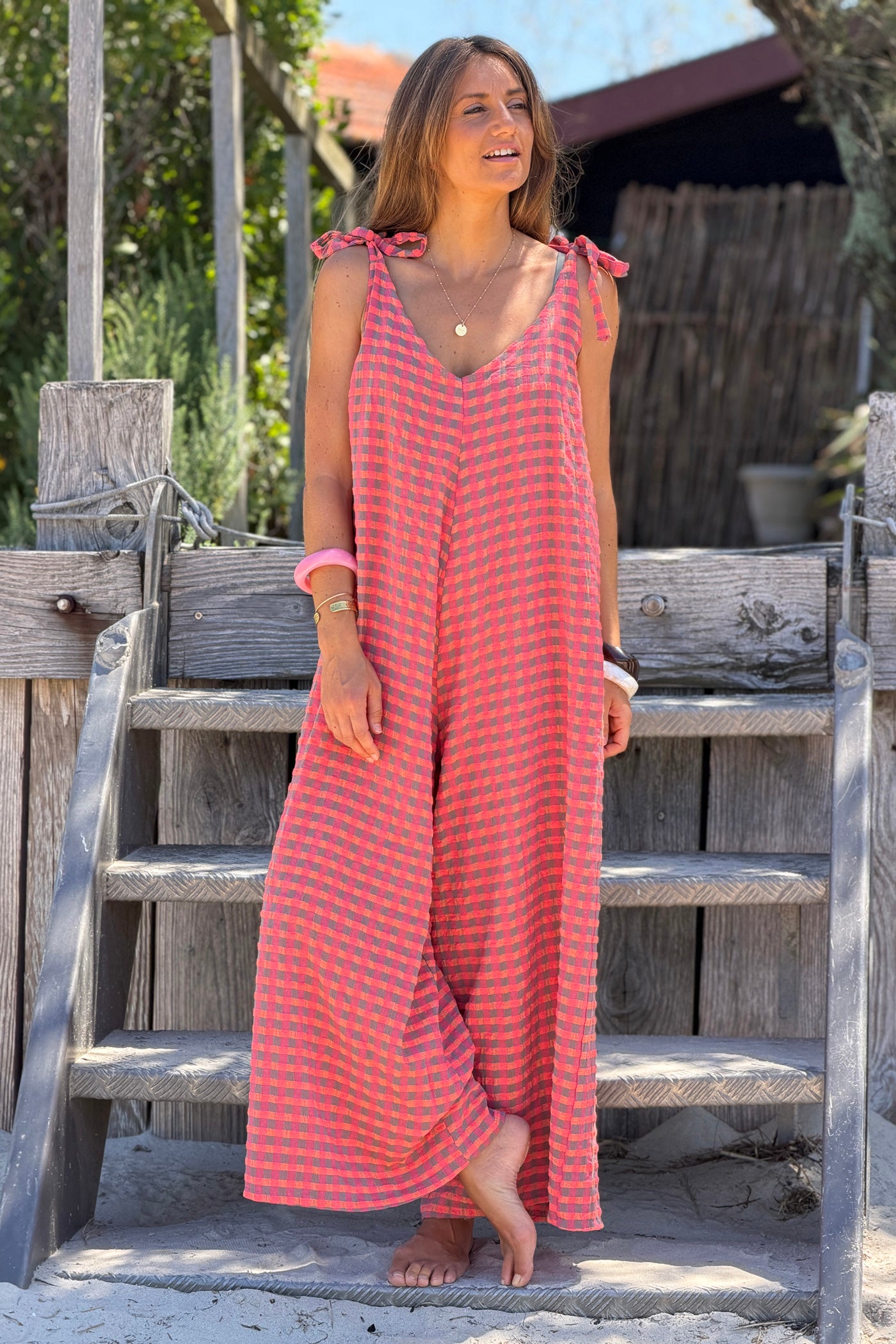Pink Crinkle Gauze Plaid Romper