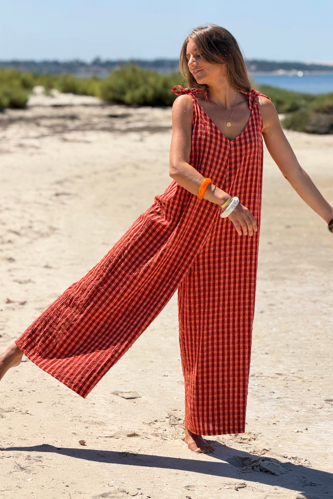 Orange Crinkle Gauze Plaid Romper