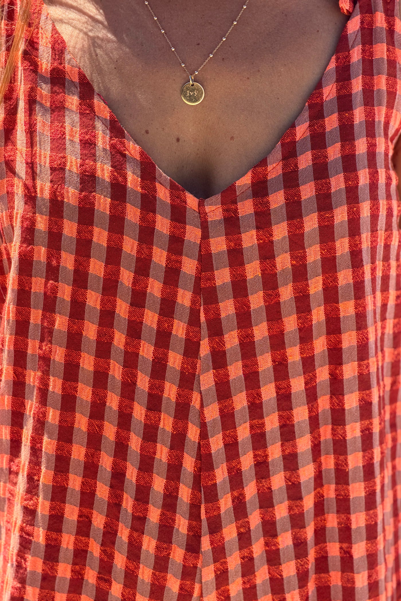 Orange Crinkle Gauze Plaid Romper