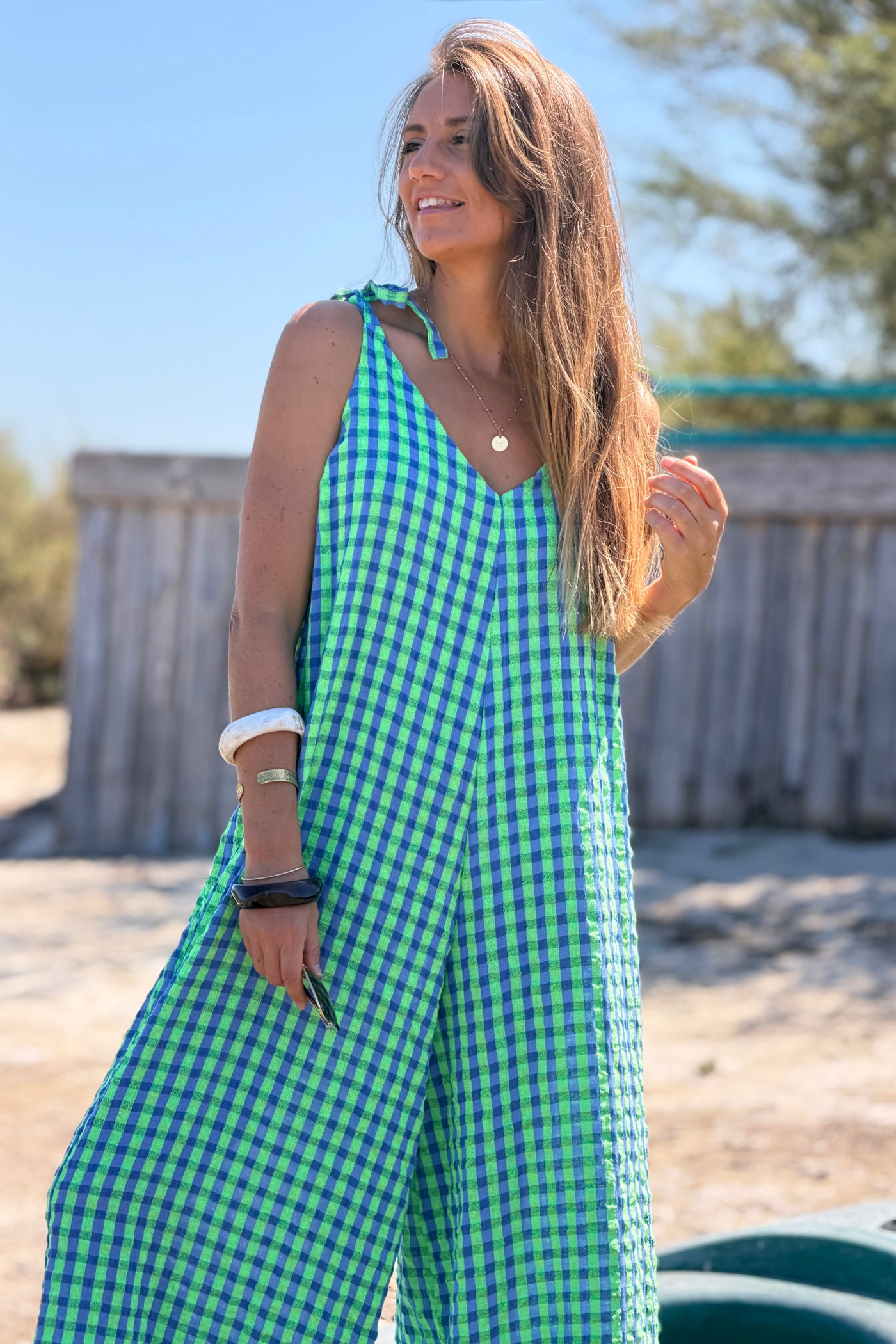 Green Crinkle Gauze Plaid Romper