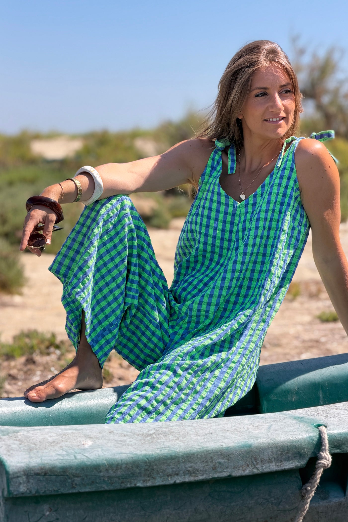 Green Crinkle Gauze Plaid Romper