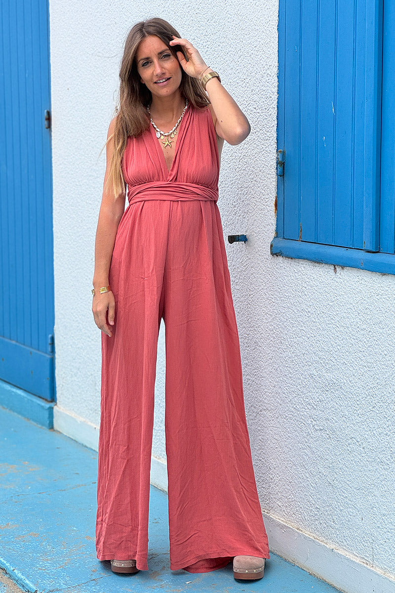 Combi pantalon bois de rose fluide croisée dans le dos