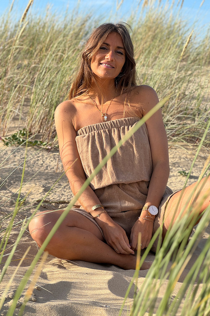 Combi short bustier élastique en éponge camel
