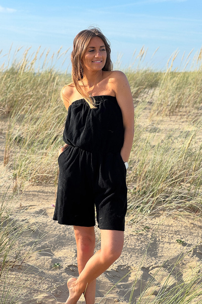 Black Terry Cloth Shorts Playsuit