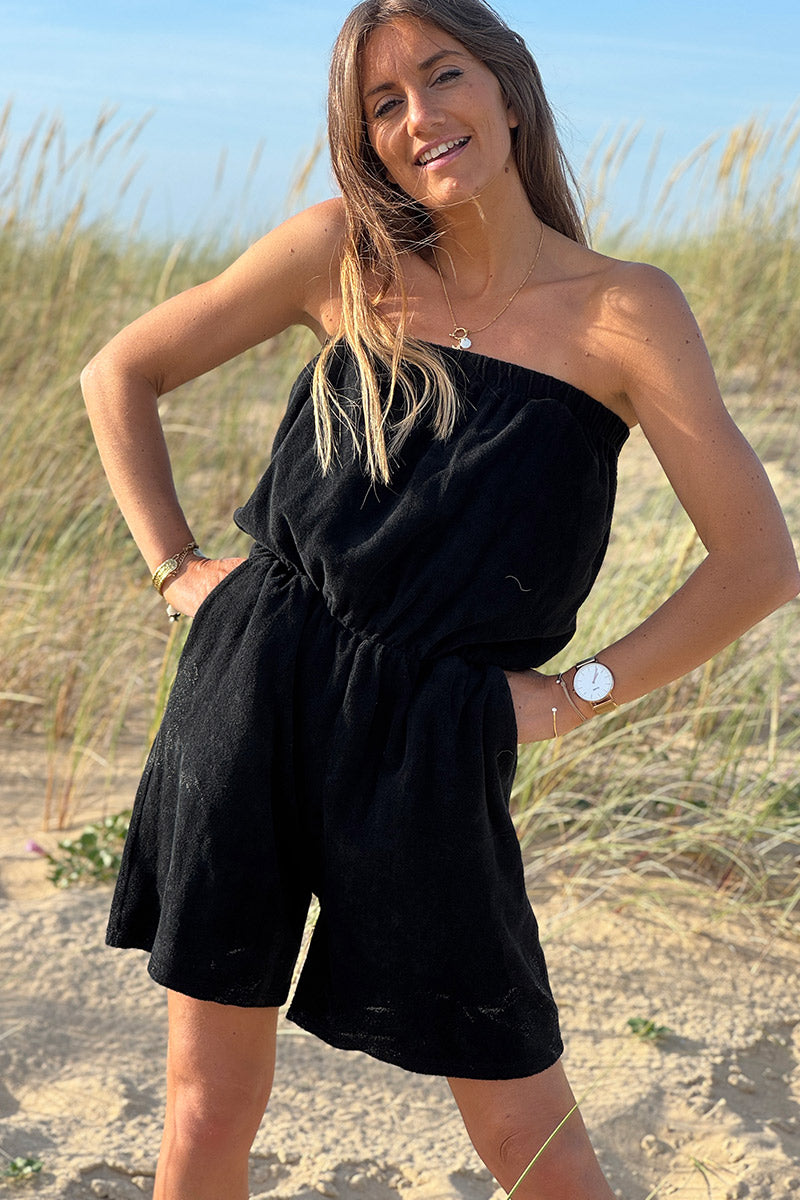 Black Terry Cloth Shorts Playsuit