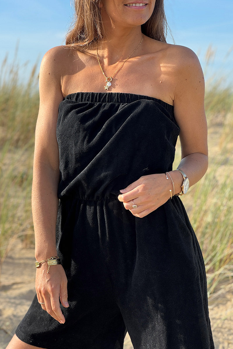 Black Terry Cloth Shorts Playsuit