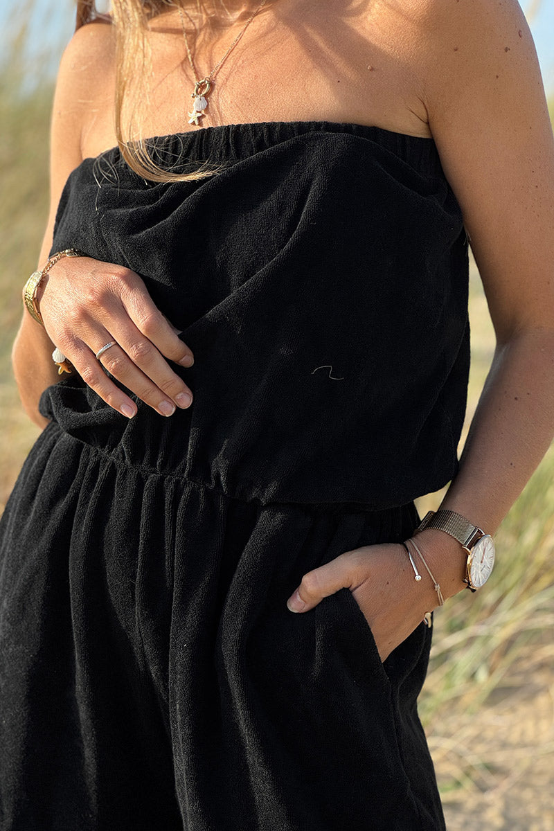 Black Terry Cloth Shorts Playsuit