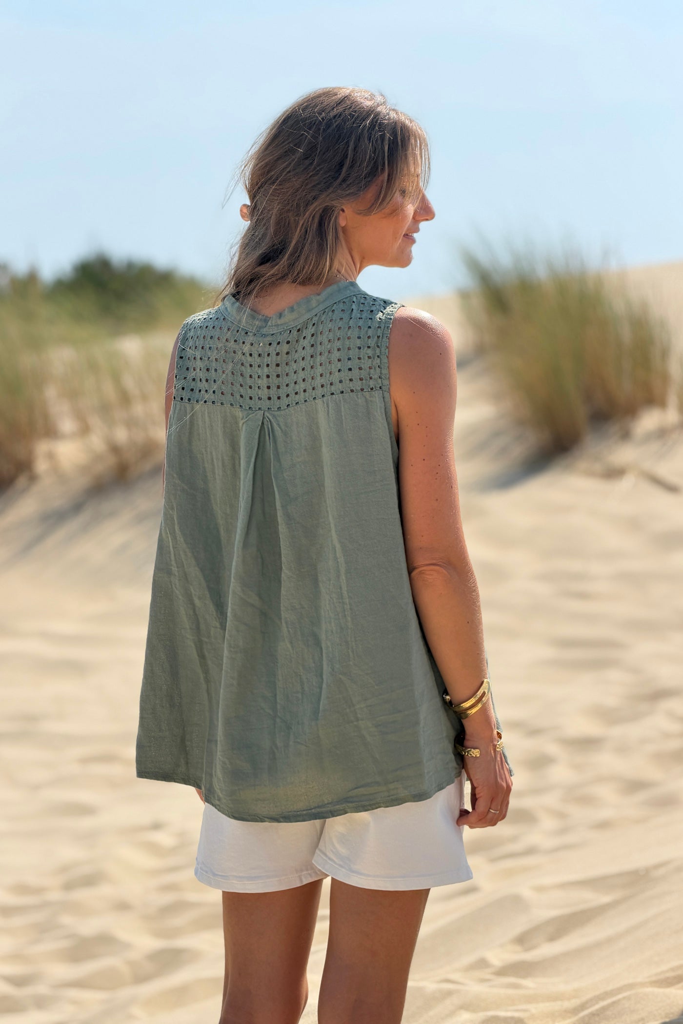 Olive Sleeveless Lace Inset V-Neck Button-Down Top