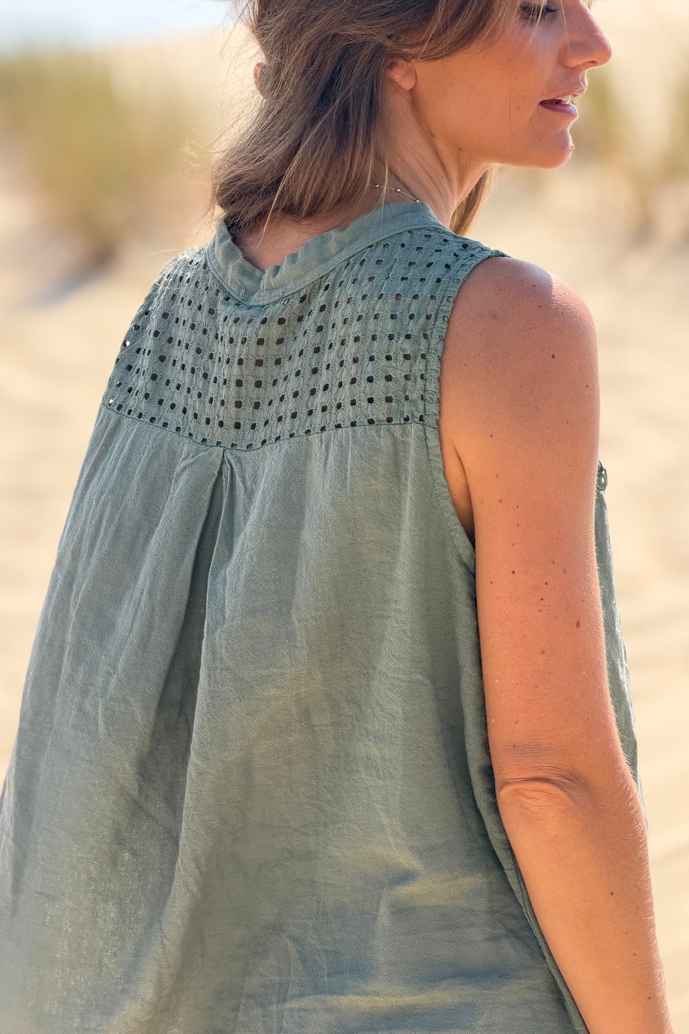 Olive Sleeveless Lace Inset V-Neck Button-Down Top