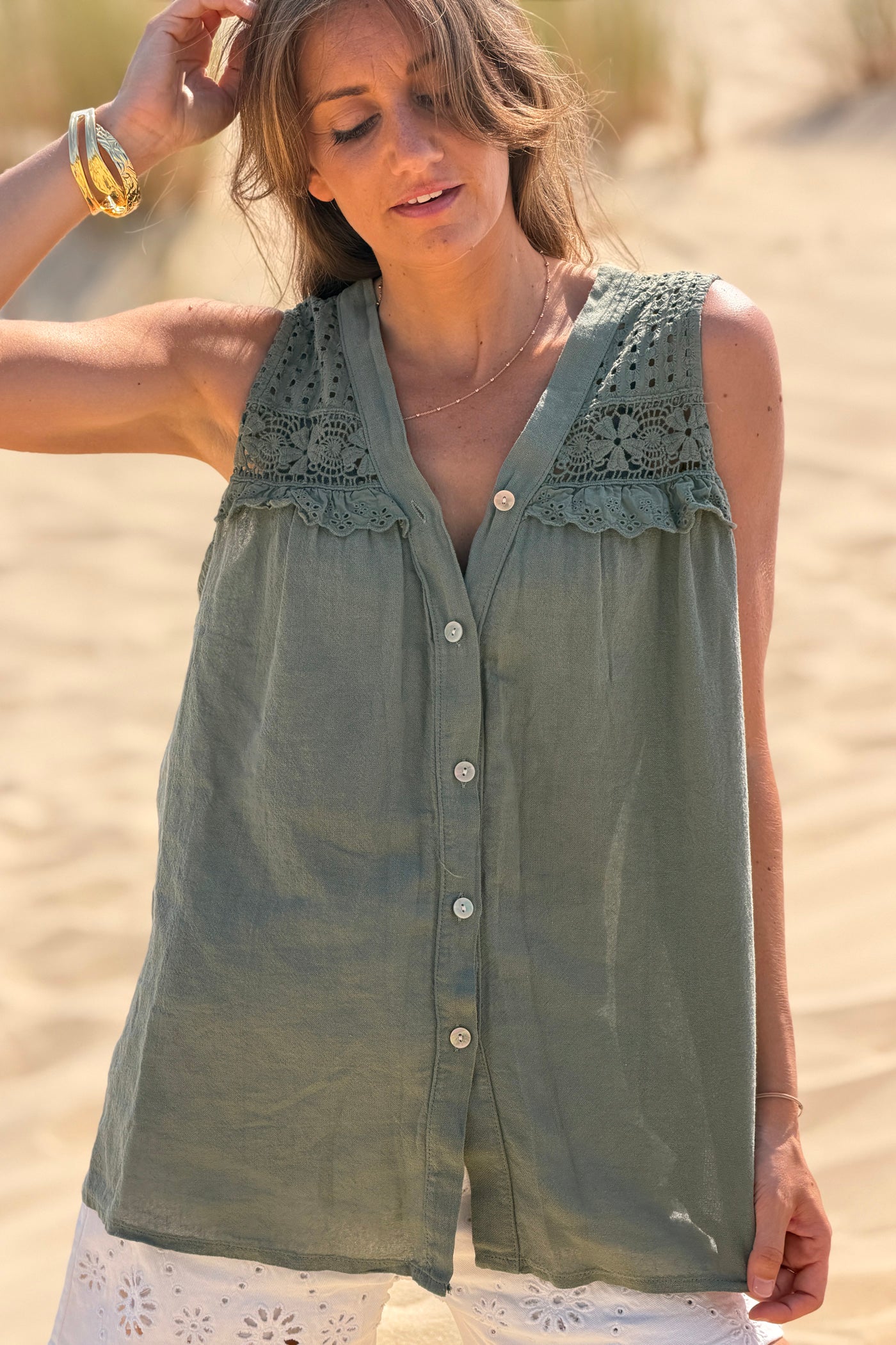 Olive Sleeveless Lace Inset V-Neck Button-Down Top