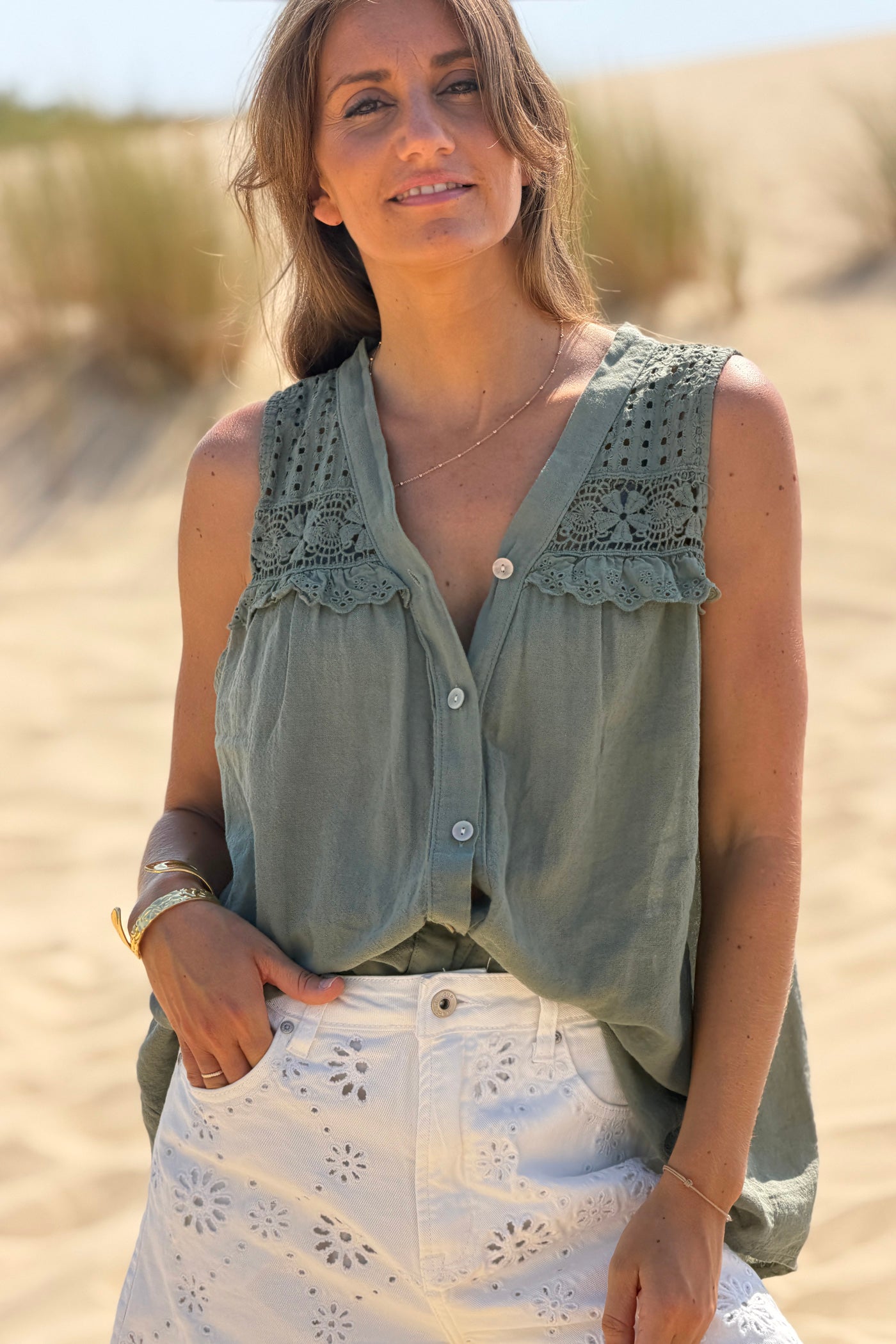 Olive Sleeveless Lace Inset V-Neck Button-Down Top