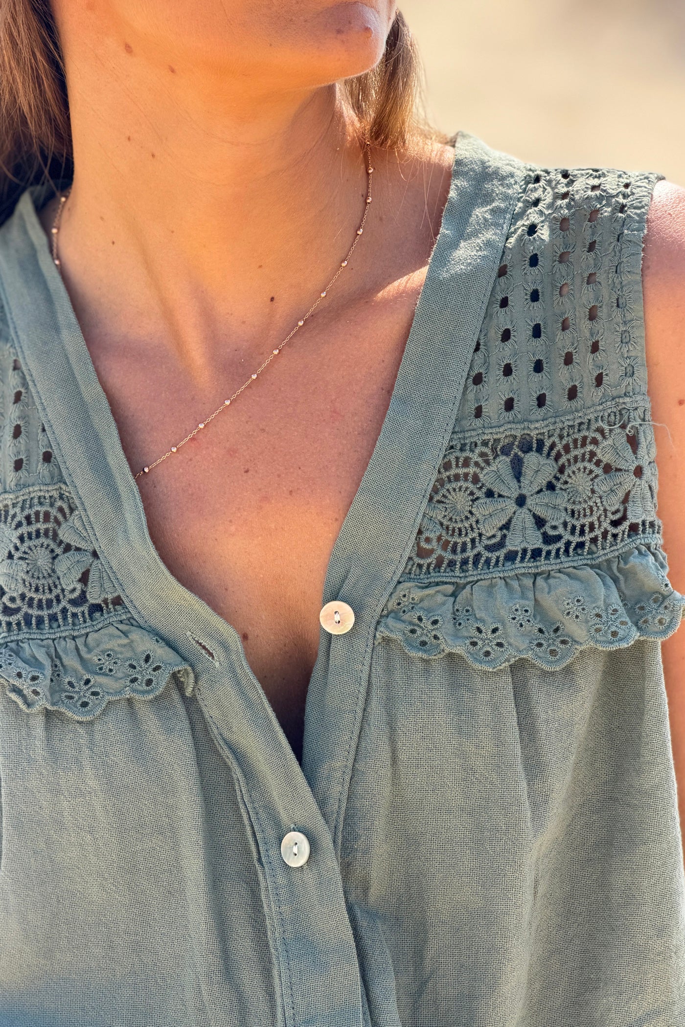 Olive Sleeveless Lace Inset V-Neck Button-Down Top