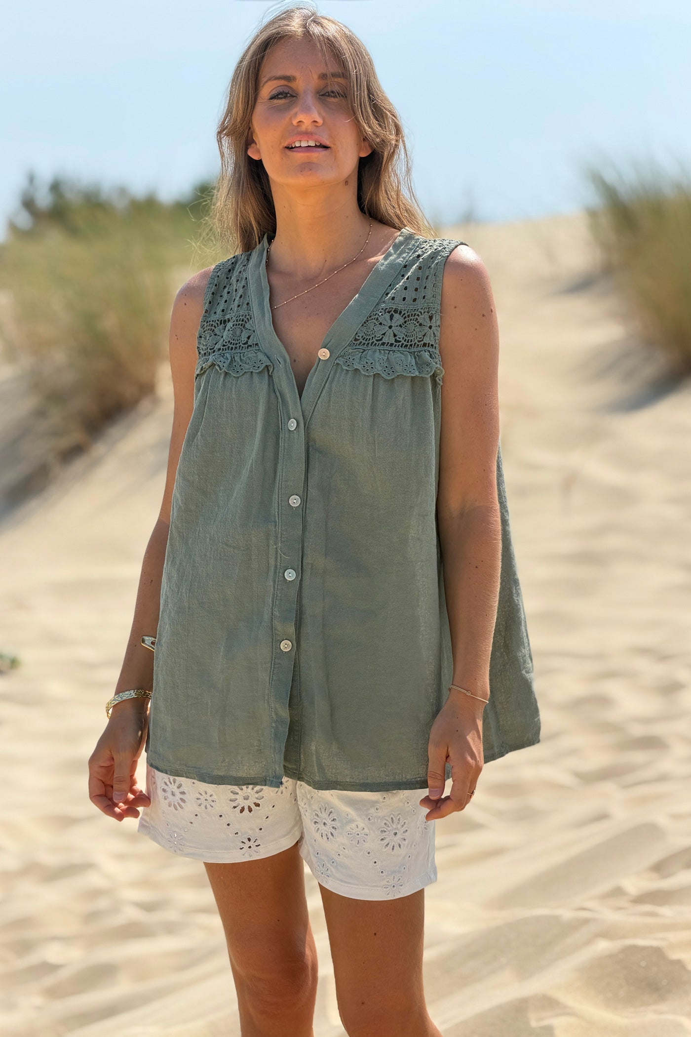 Olive Sleeveless Lace Inset V-Neck Button-Down Top