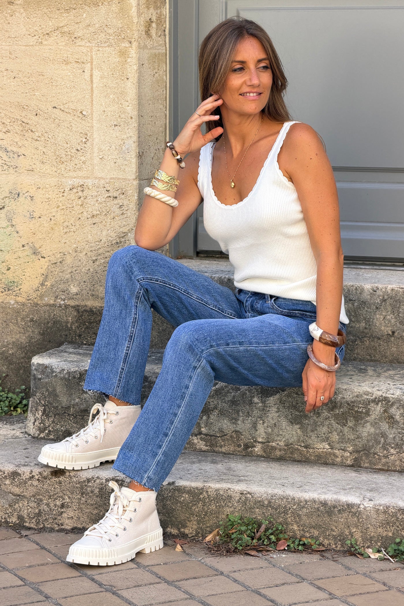 Off white Scalloped Viscose Knit Tank Top
