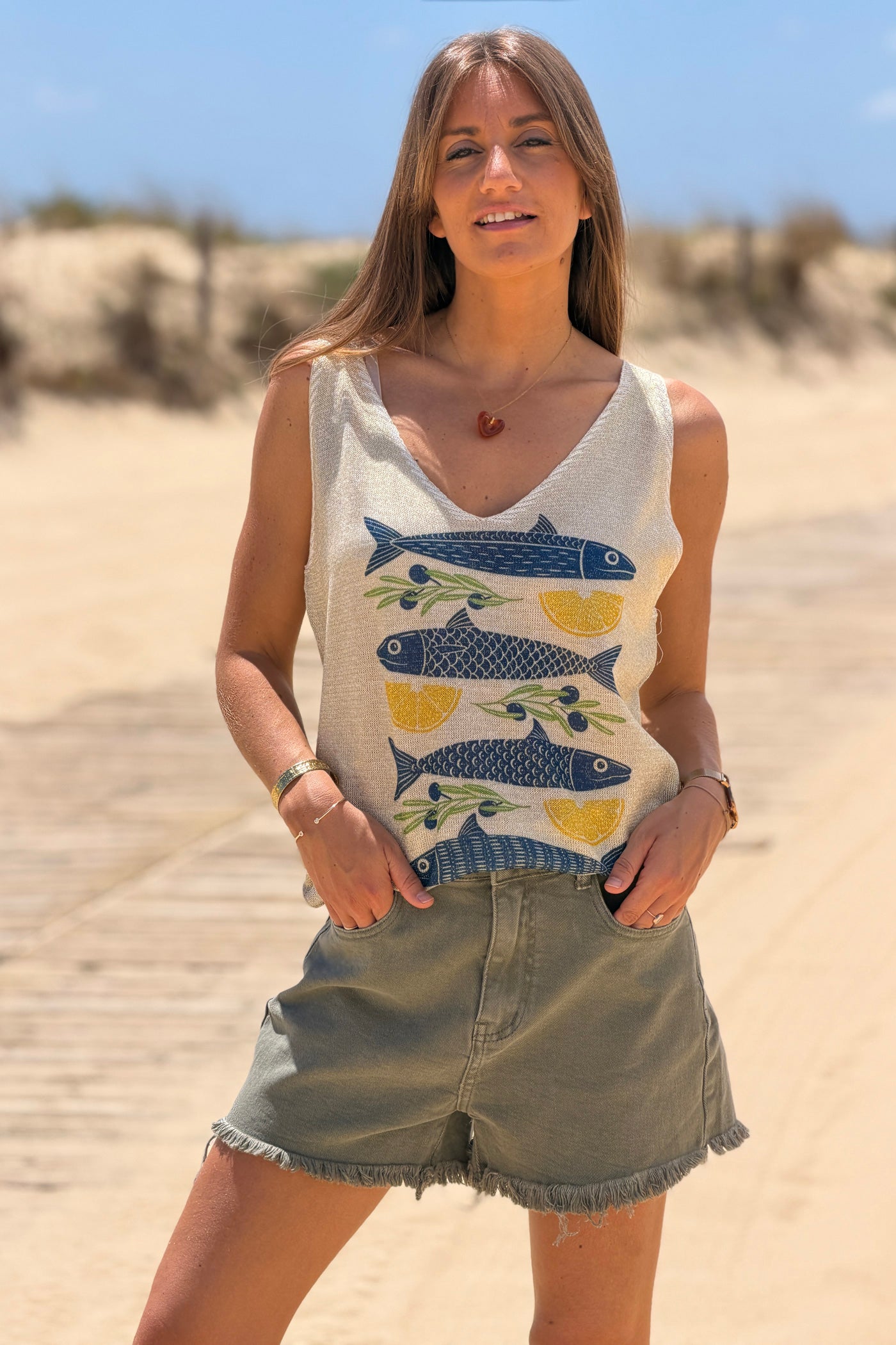 Débardeur en maille brillante lurex poissons et citrons
