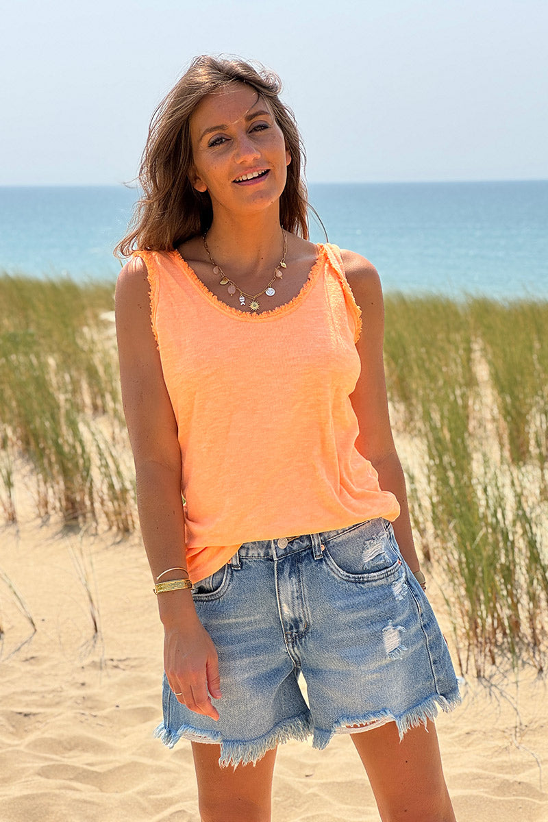 Débardeur orange fluo délavé coton finitions franges