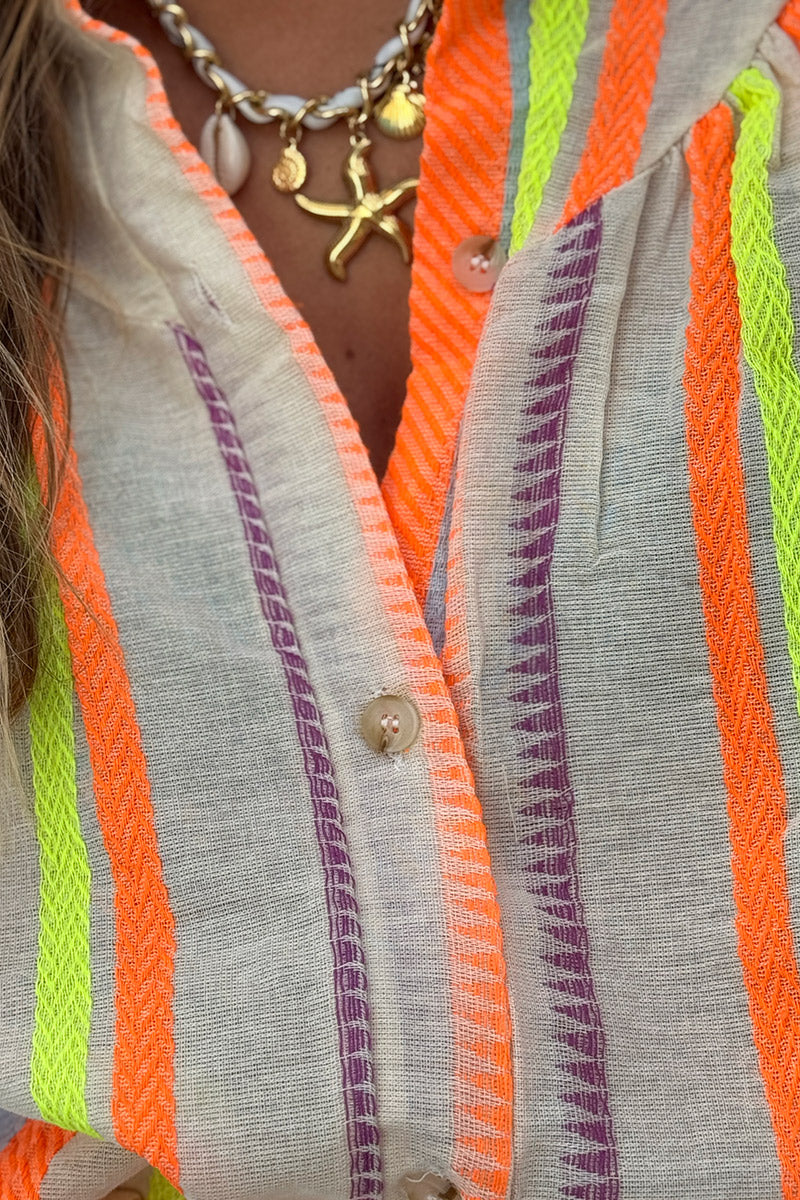 Conjunto de camisa y falda en algodón con rayas étnicas bordadas y naranja neón