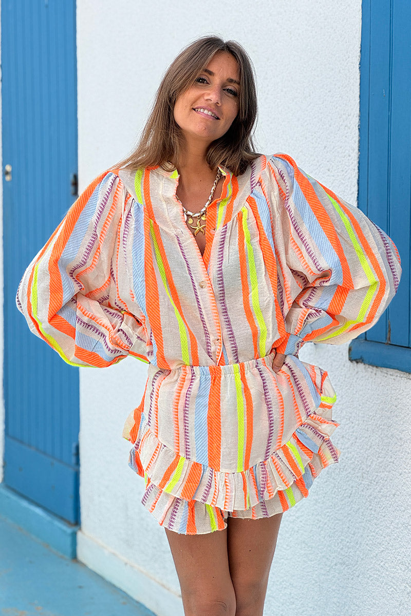 Conjunto de camisa y falda en algodón con rayas étnicas bordadas y naranja neón