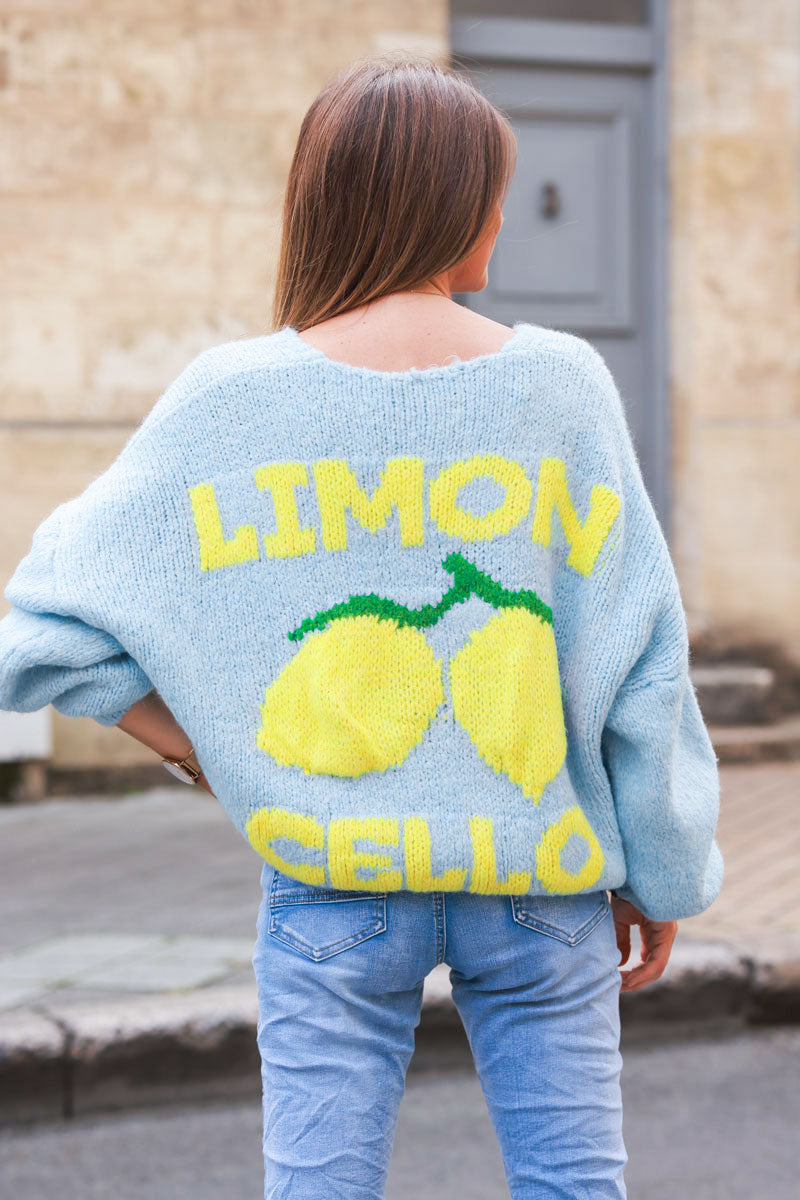 Sky blue chunky knit cardigan with lemon 'limoncello' back pattern