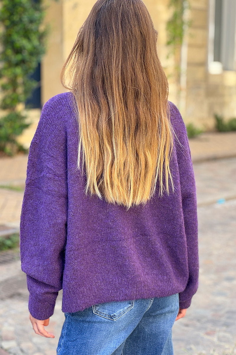 Super soft Round Neck Cardigan Butter Aubergine with mother of Pearl buttons