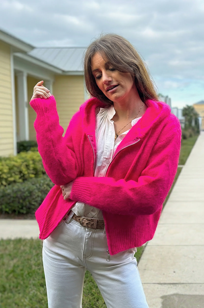 Gilet en mohair fuchsia fluo fermeture zip à capuche